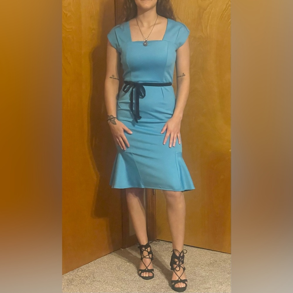 Miusol Blue Midi Dress with Black Tie